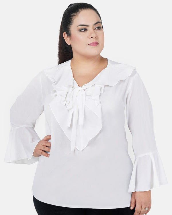 Women's Casual Bell Sleeve Solid White Top (Color:White, Material:Georgette)