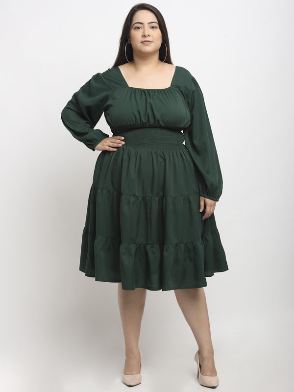 Women's Crepe Solid Knee Length Fit and Flare Dress (Bottle Green)