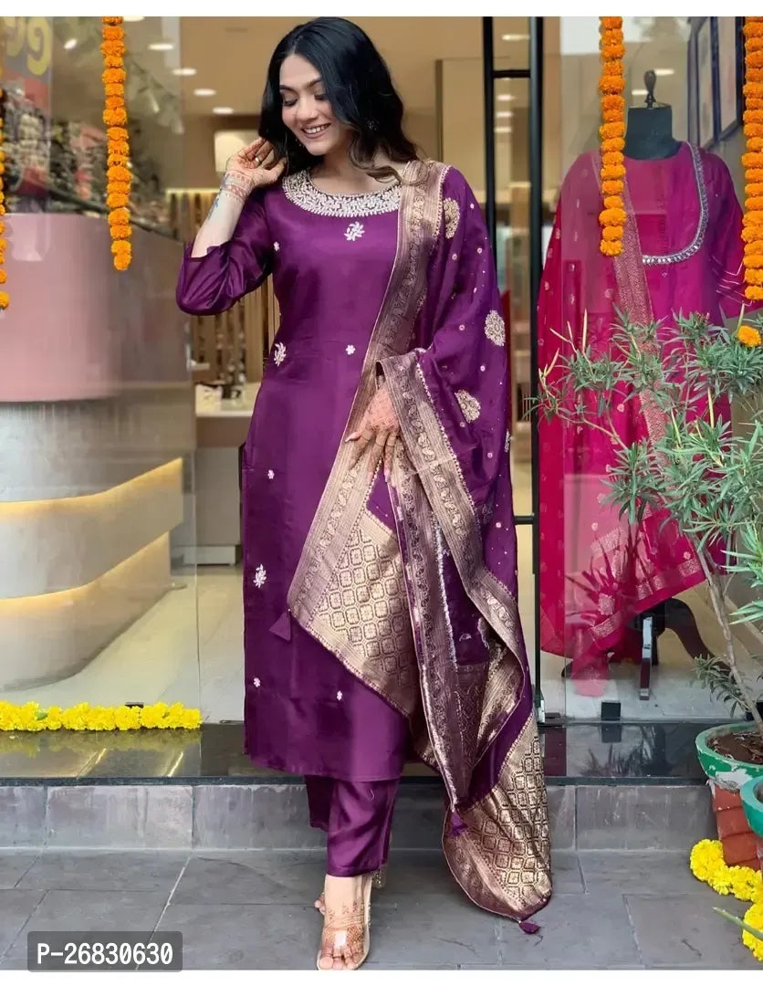 Straight Purple Printed Cotton Blend Kurta, Bottom and Dupatta Set For Women - ShopeClub