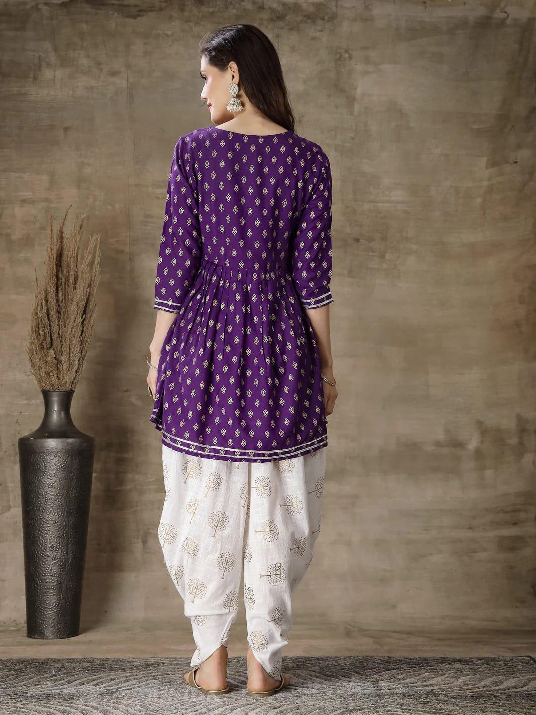 Violet ethnic motif gold printed kurti with embroidery - ShopeClub