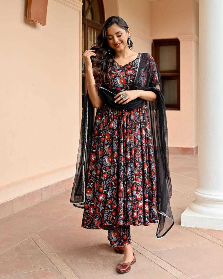 Womens Attractive Floral Printed Black Gown With Pant Dupatta - ShopeClub