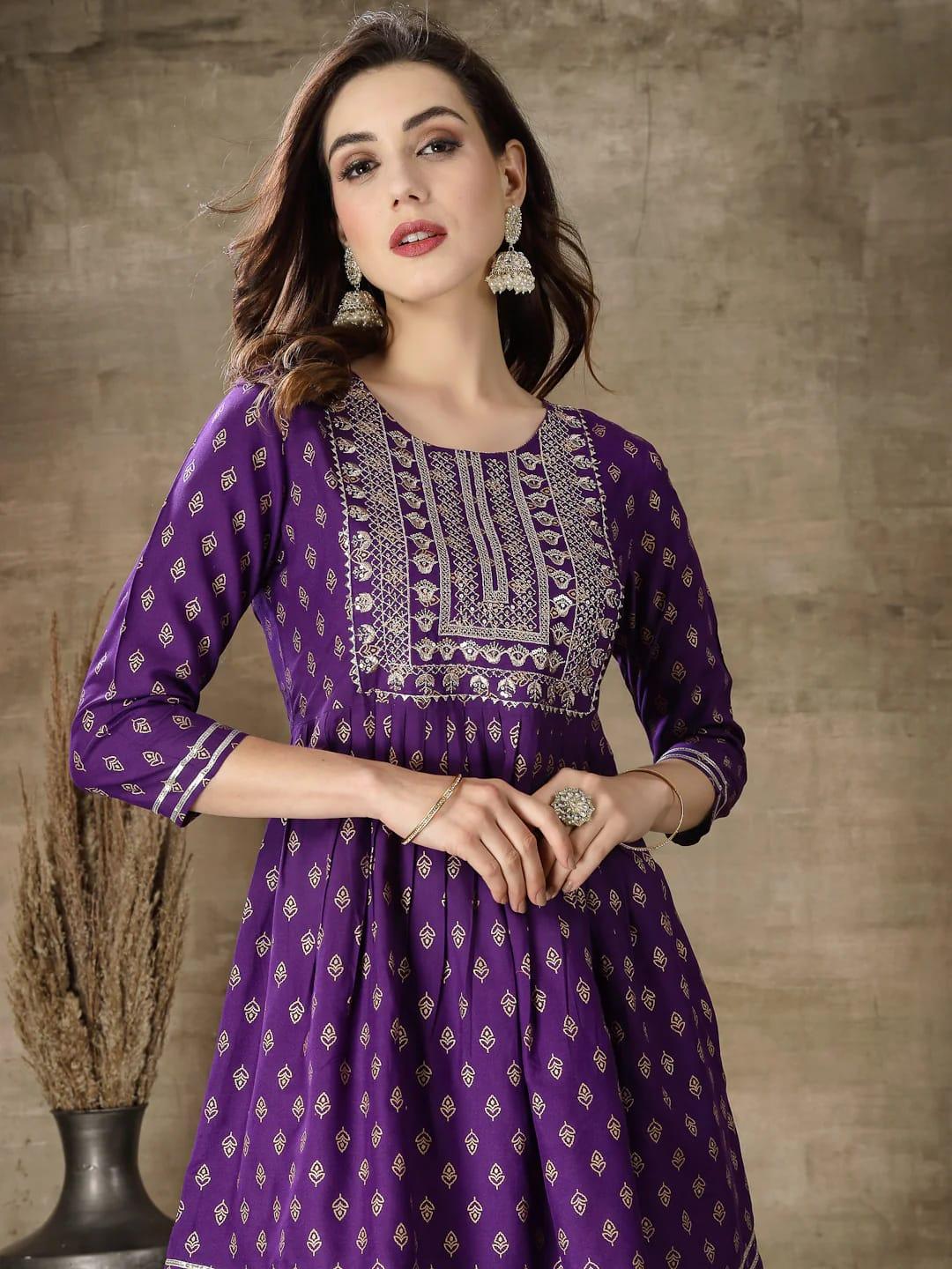 Violet ethnic motif gold printed kurti with embroidery - ShopeClub
