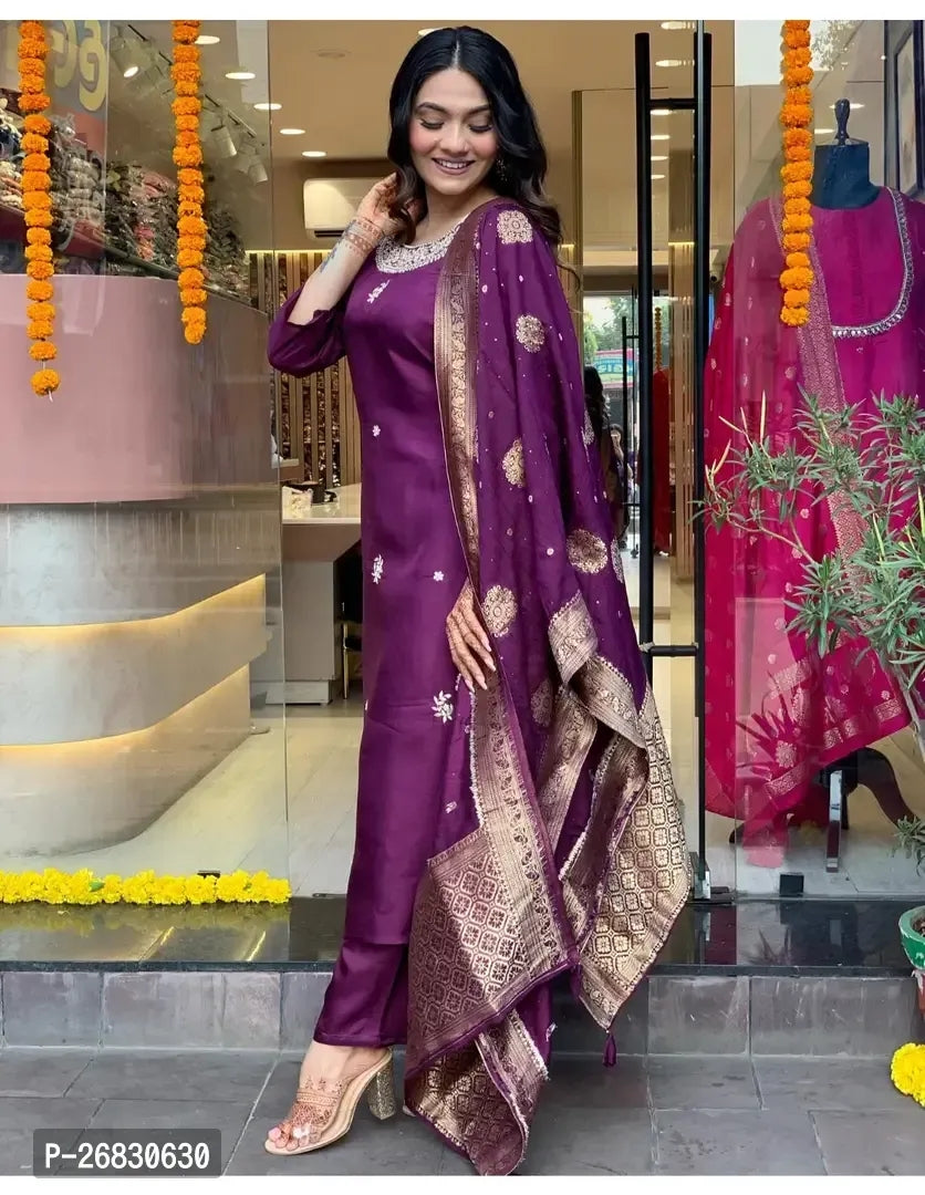 Straight Purple Printed Cotton Blend Kurta, Bottom and Dupatta Set For Women - ShopeClub