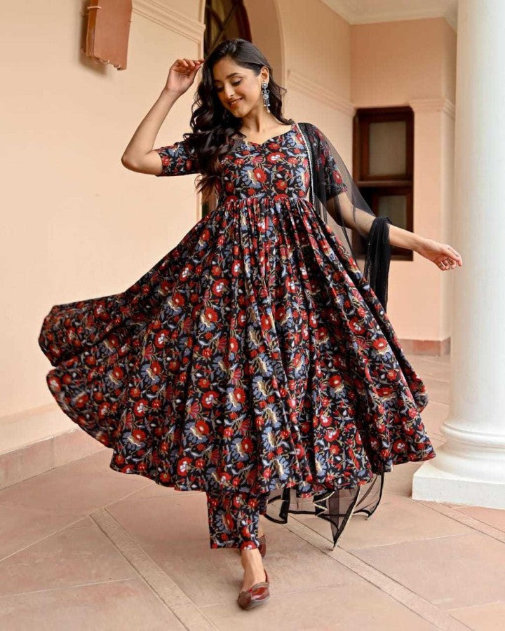 Womens Attractive Floral Printed Black Gown With Pant Dupatta - ShopeClub