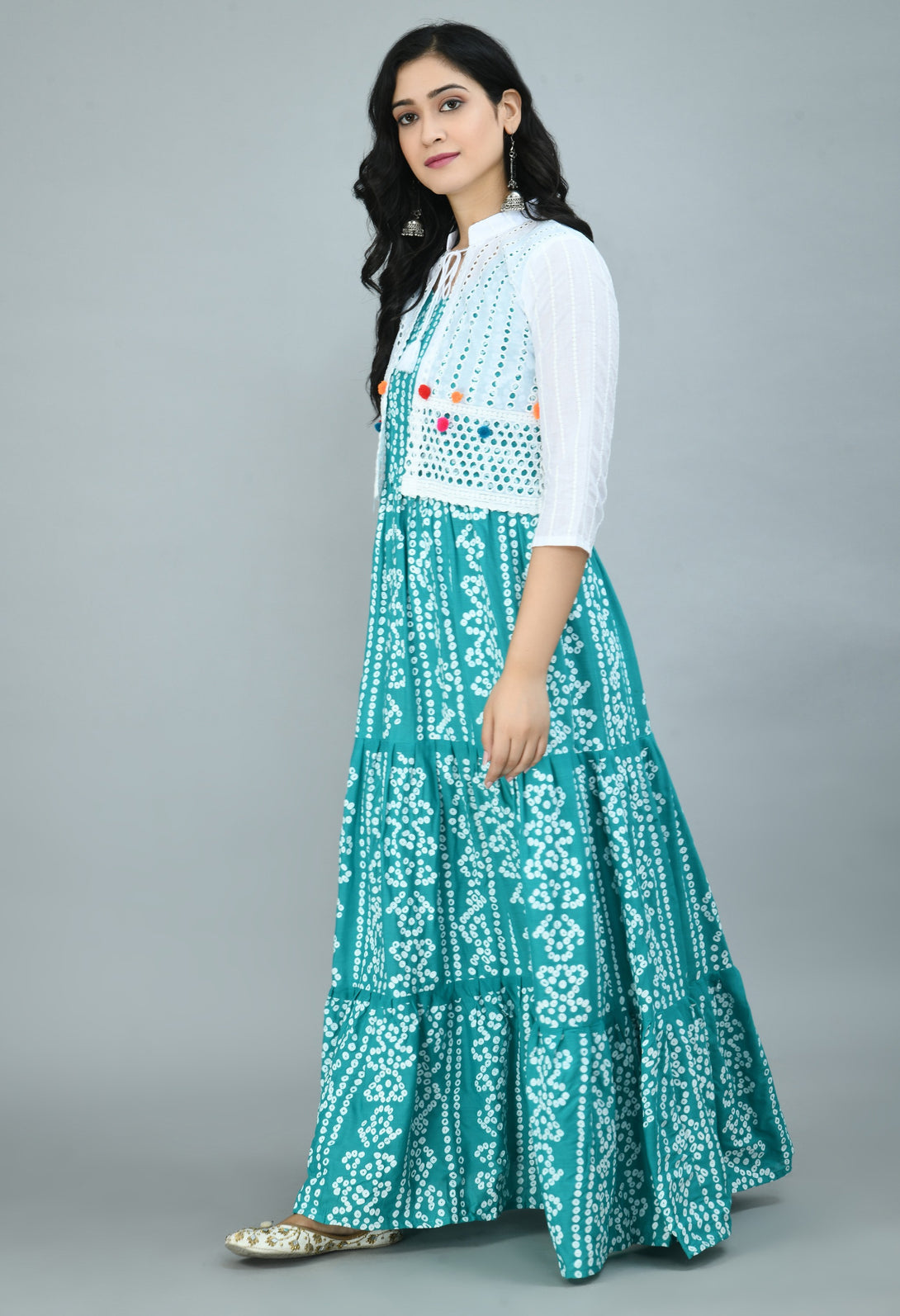 Women's Bandhani Print Gown with Chikankari Work Jacket - ShopeClub