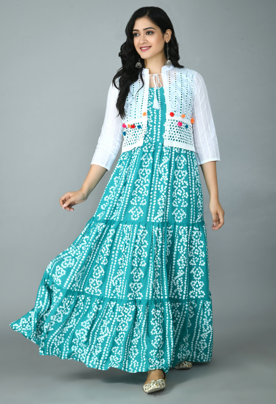 Women's Bandhani Print Gown with Chikankari Work Jacket - ShopeClub